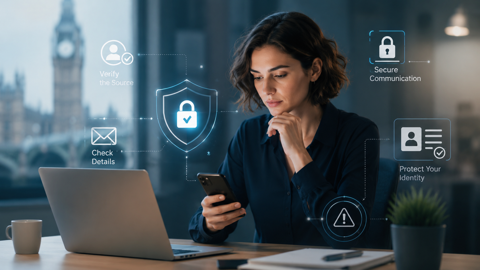 Woman using a laptop and smartphone with digital security and identity verification icons, illustrating the risks of online impersonation and identity fraud.
